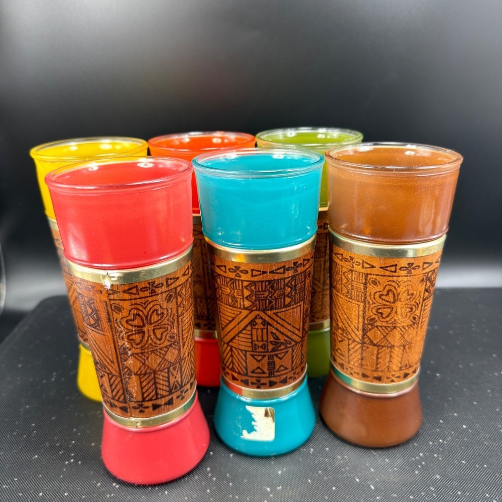 Vintage MCM Tiki Highball Glasses Genuine Mahogany Wood Wrap Set 6 Multi Color - Picture 15 of 15
